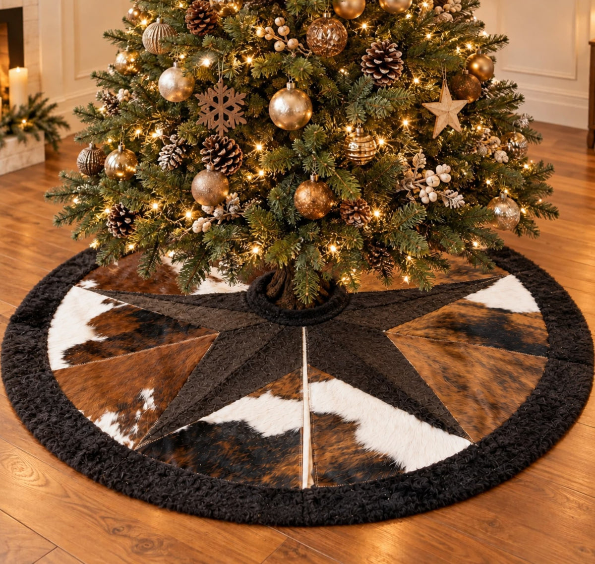 Cowhide Christmas Tree Skirt | Tricolor Hair-On – 3.5 & 5 Ft, American & Colombian Hides - Hides & Leathers - Tree Skirt