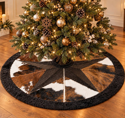 Cowhide Christmas Tree Skirt | Tricolor Hair-On – 3.5 & 5 Ft, American & Colombian Hides - Hides & Leathers - Tree Skirt