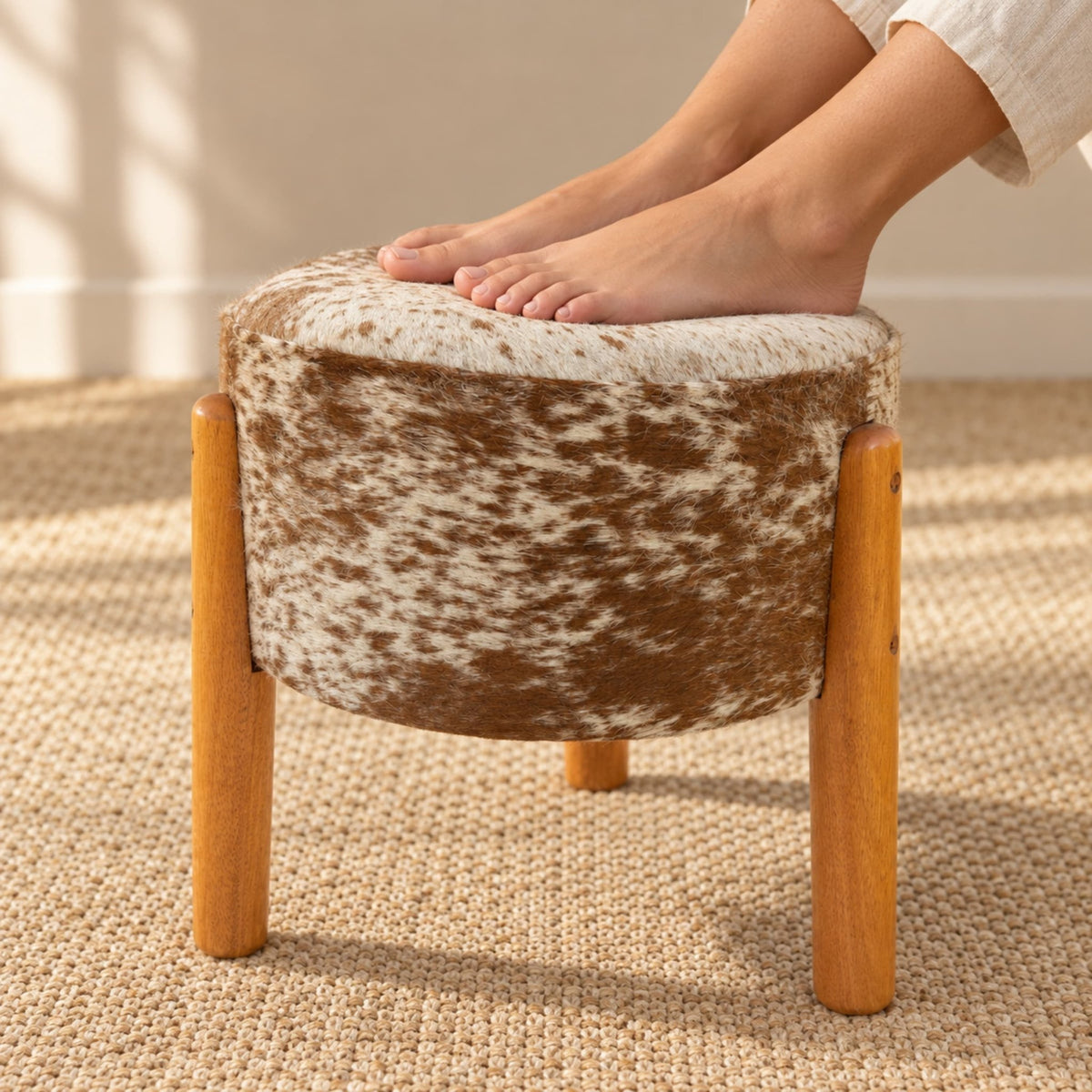 Cowhide Footstool | Black & White, Brown & White, Speckled or Pearl Hair-On – Brazilian Hide, Eucalyptus Legs - Hides & Leathers - Footstool