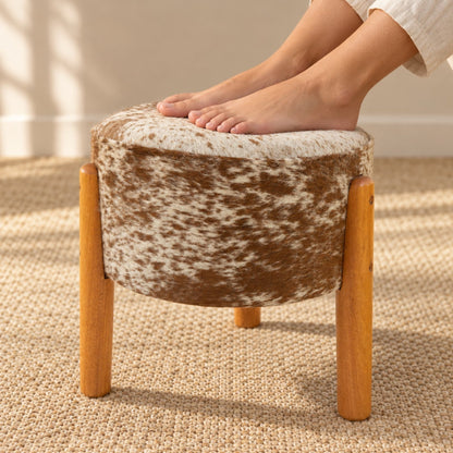 Cowhide Footstool | Black & White, Brown & White, Speckled or Pearl Hair-On – Brazilian Hide, Eucalyptus Legs - Hides & Leathers - Footstool