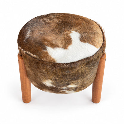 Cowhide Footstool | Black & White, Brown & White, Speckled or Pearl Hair-On – Brazilian Hide, Eucalyptus Legs - Hides & Leathers - Footstool