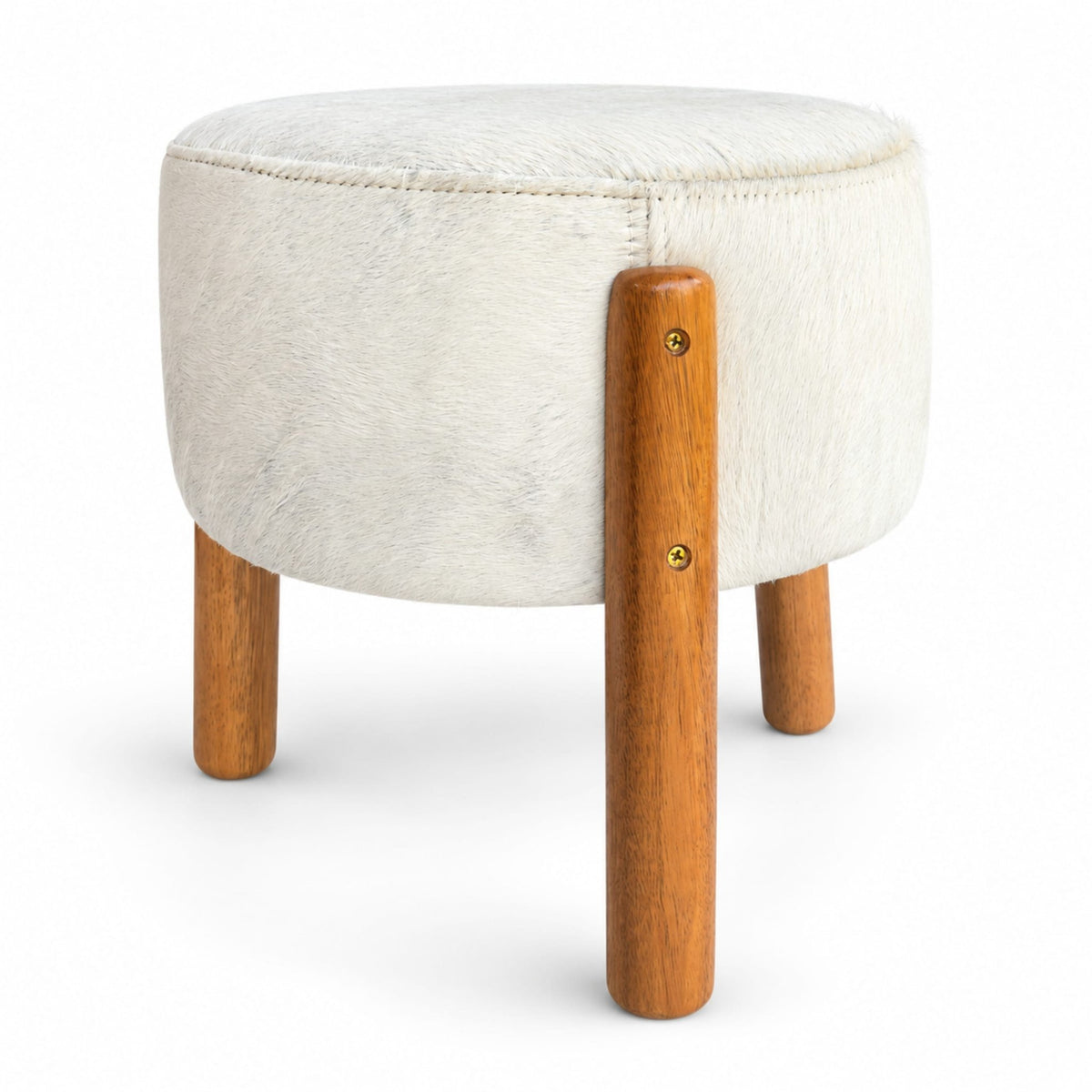Cowhide Footstool | Black & White, Brown & White, Speckled or Pearl Hair-On – Brazilian Hide, Eucalyptus Legs - Hides & Leathers - Footstool