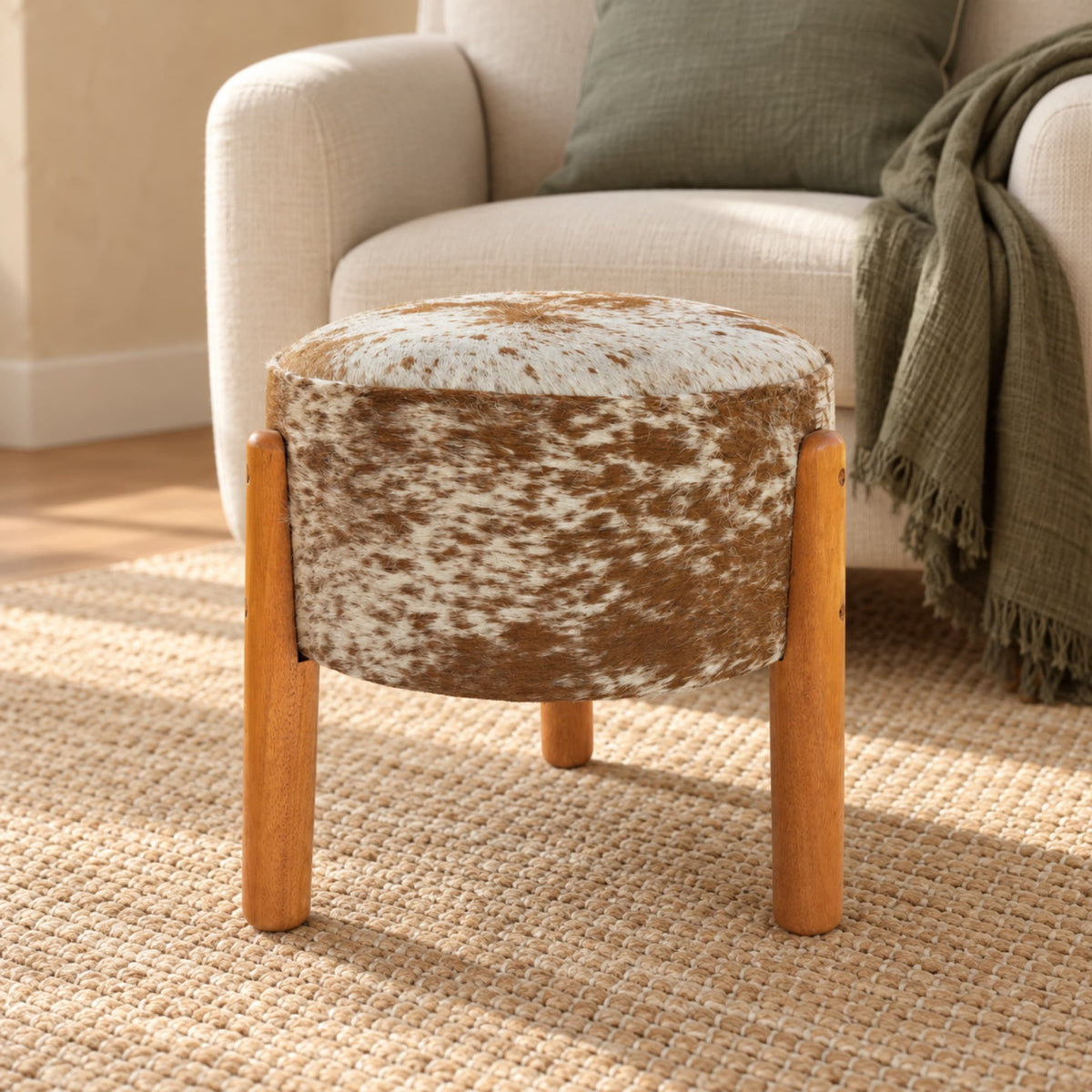 Cowhide Footstool | Black & White, Brown & White, Speckled or Pearl Hair-On – Brazilian Hide, Eucalyptus Legs - Hides & Leathers - Footstool