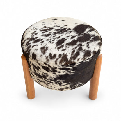 Cowhide Footstool | Black & White, Brown & White, Speckled or Pearl Hair-On – Brazilian Hide, Eucalyptus Legs - Hides & Leathers - Footstool