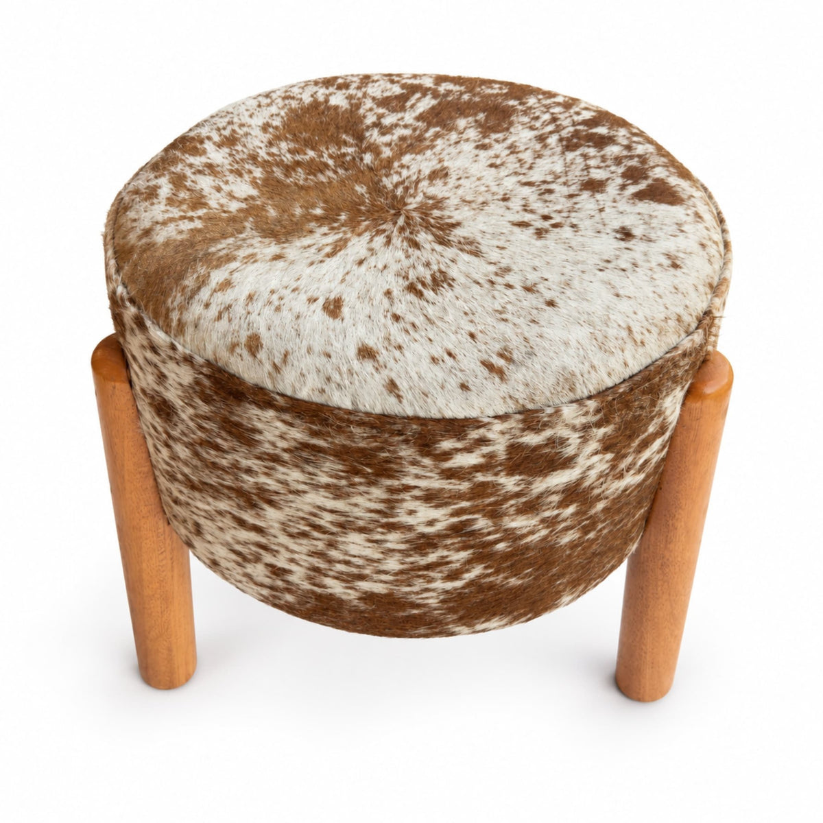 Cowhide Footstool | Black & White, Brown & White, Speckled or Pearl Hair-On – Brazilian Hide, Eucalyptus Legs - Hides & Leathers - Footstool