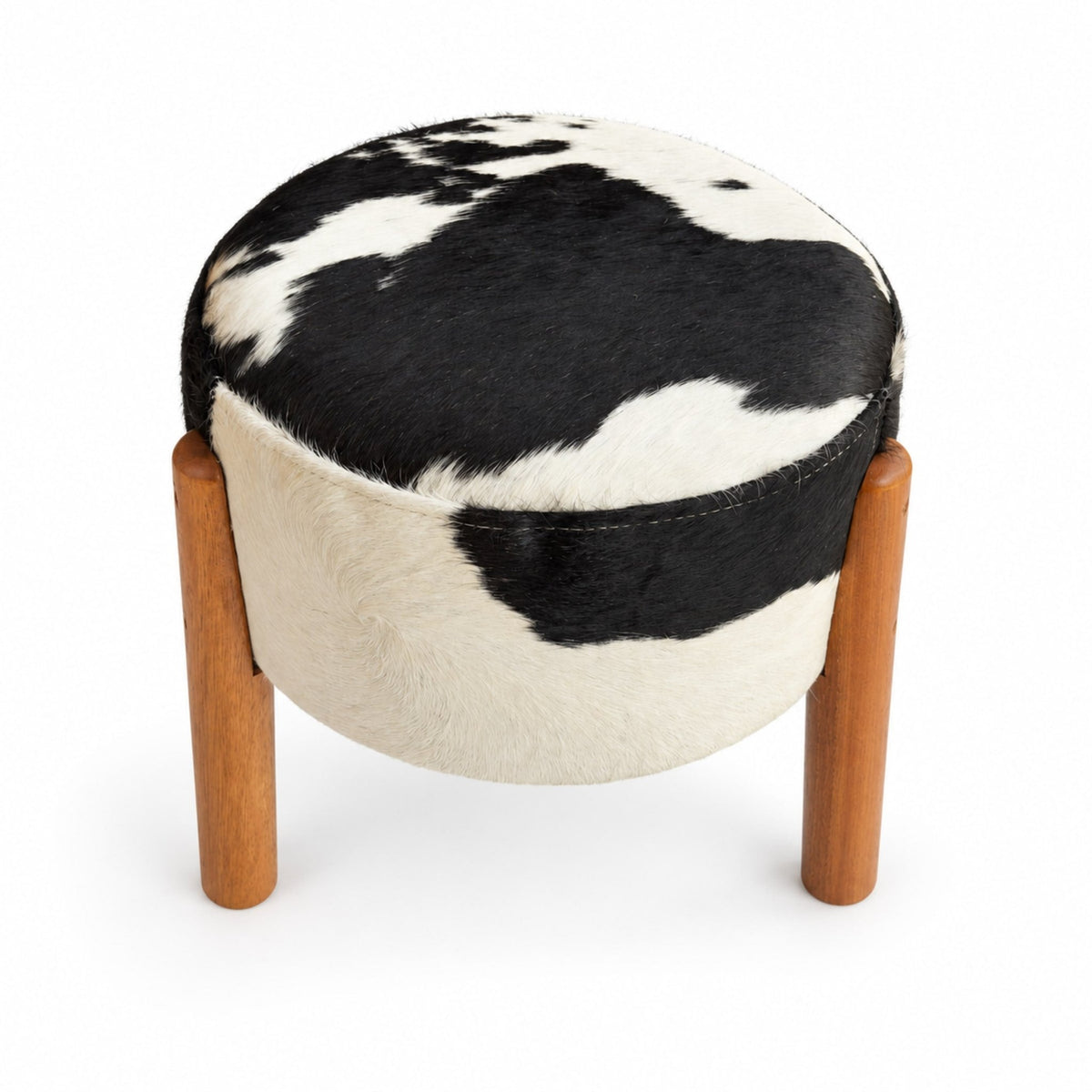 Cowhide Footstool | Black & White, Brown & White, Speckled or Pearl Hair-On – Brazilian Hide, Eucalyptus Legs - Hides & Leathers - Footstool