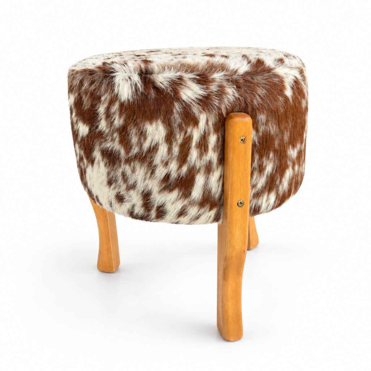 Cowhide Footstool | Tricolor, Black Speckled or Brown Speckled – Brazilian Hair-On, Eucalyptus Legs - Hides & Leathers - Footstool