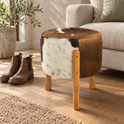 Cowhide Footstool | Tricolor, Black Speckled or Brown Speckled – Brazilian Hair-On, Eucalyptus Legs - Hides & Leathers - Footstool