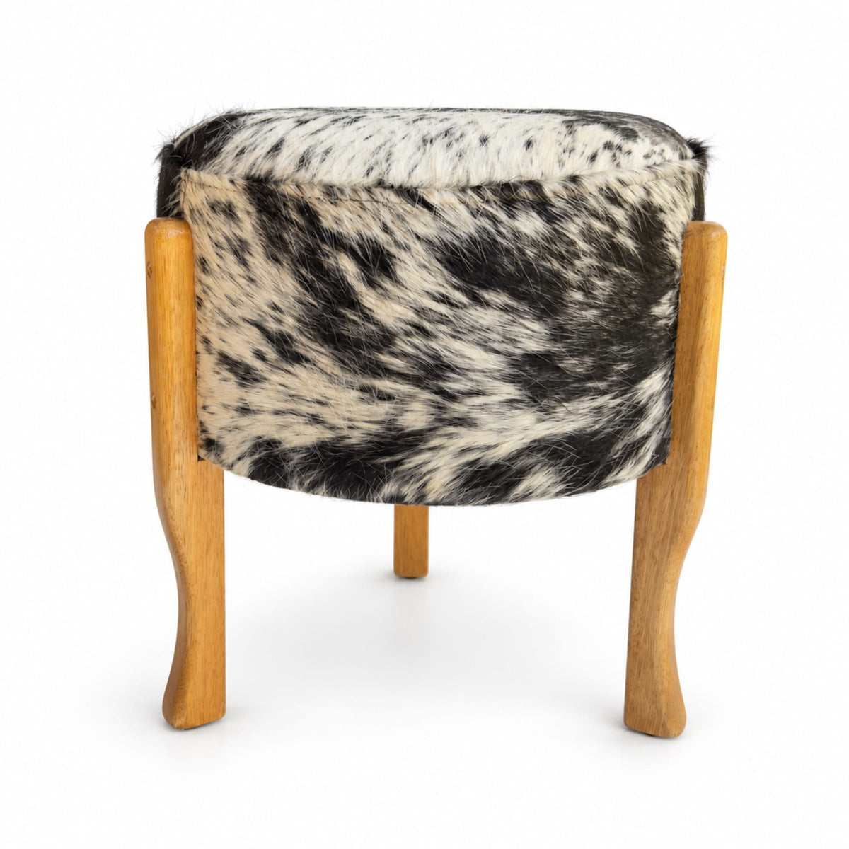 Cowhide Footstool | Tricolor, Black Speckled or Brown Speckled – Brazilian Hair-On, Eucalyptus Legs - Hides & Leathers - Footstool