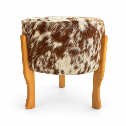 Cowhide Footstool | Tricolor, Black Speckled or Brown Speckled – Brazilian Hair-On, Eucalyptus Legs - Hides & Leathers - Footstool