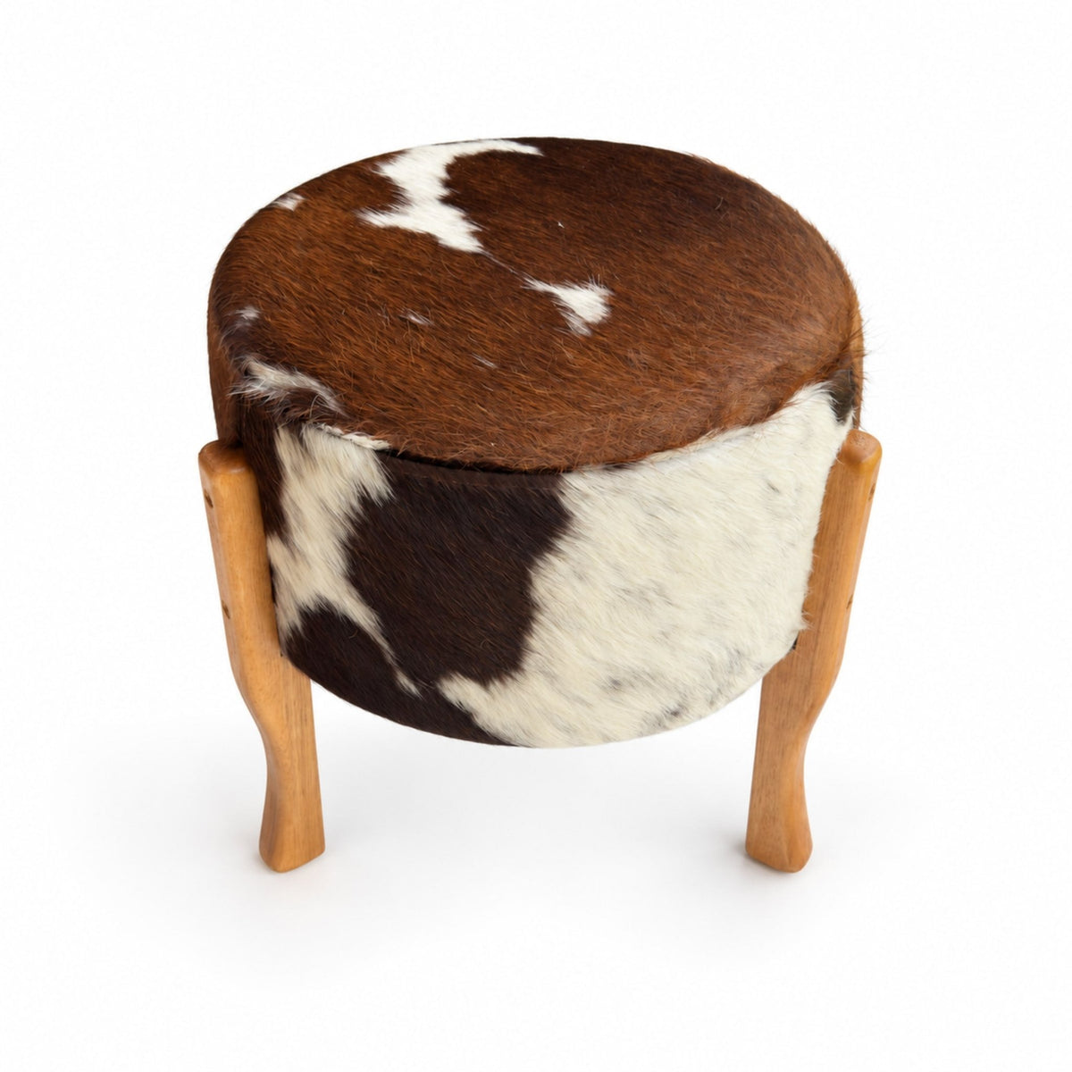 Cowhide Footstool | Tricolor, Black Speckled or Brown Speckled – Brazilian Hair-On, Eucalyptus Legs - Hides & Leathers - Footstool