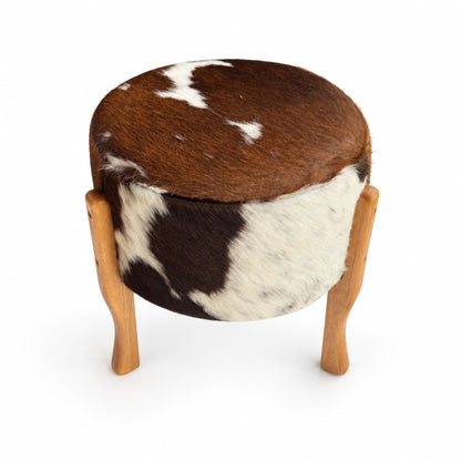 Cowhide Footstool | Tricolor, Black Speckled or Brown Speckled – Brazilian Hair-On, Eucalyptus Legs - Hides & Leathers - Footstool