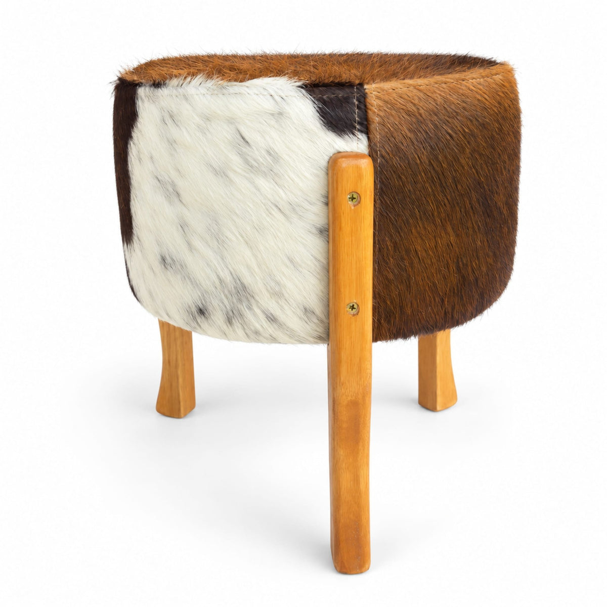 Cowhide Footstool | Tricolor, Black Speckled or Brown Speckled – Brazilian Hair-On, Eucalyptus Legs - Hides & Leathers - Footstool