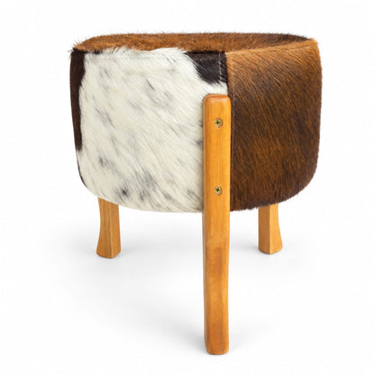 Cowhide Footstool | Tricolor, Black Speckled or Brown Speckled – Brazilian Hair-On, Eucalyptus Legs - Hides & Leathers - Footstool