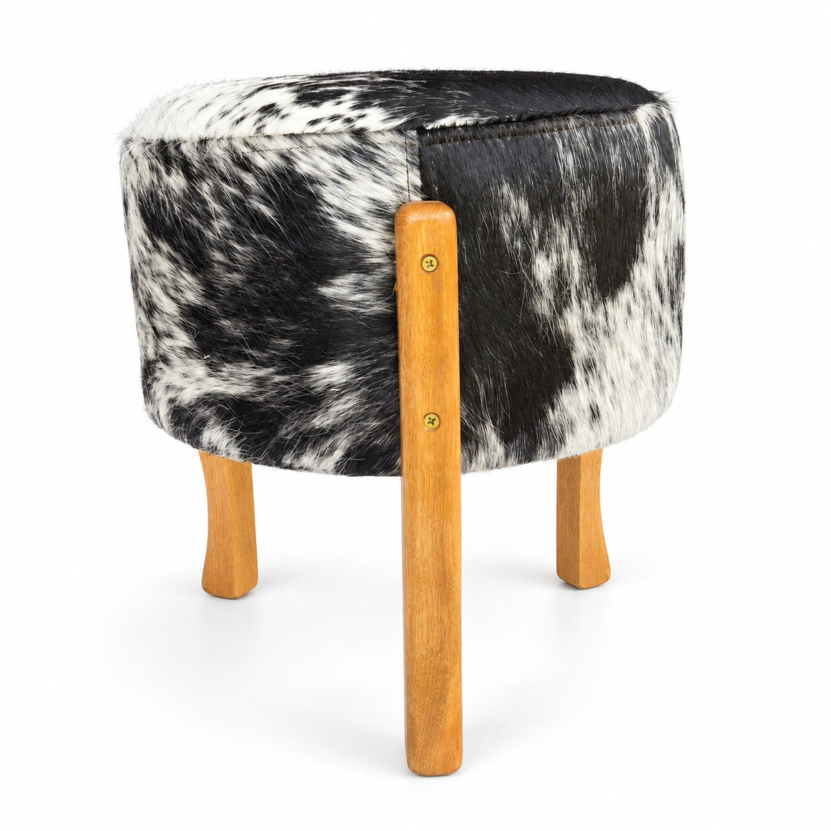 Cowhide Footstool | Tricolor, Black Speckled or Brown Speckled – Brazilian Hair-On, Eucalyptus Legs - Hides & Leathers - Footstool