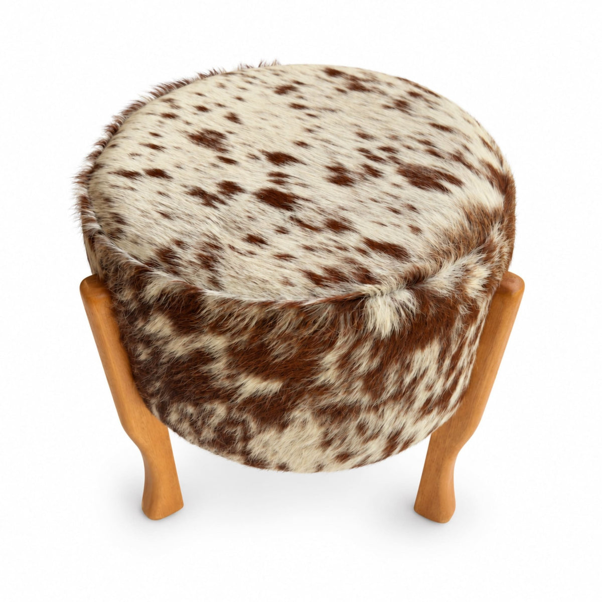 Cowhide Footstool | Tricolor, Black Speckled or Brown Speckled – Brazilian Hair-On, Eucalyptus Legs - Hides & Leathers - Footstool