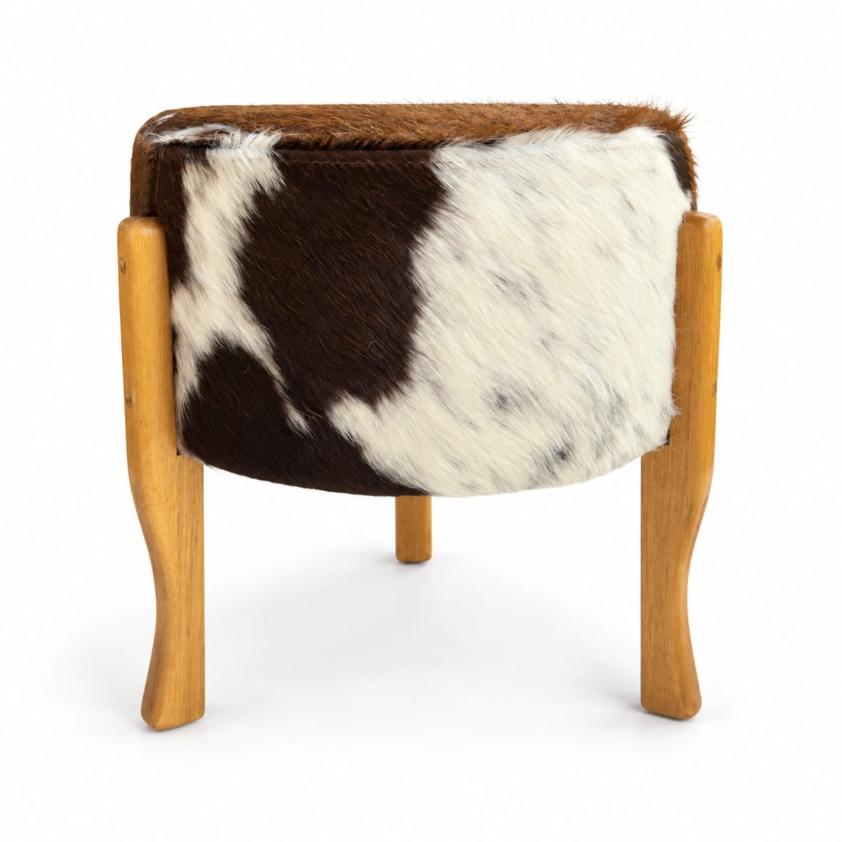 Cowhide Footstool | Tricolor, Black Speckled or Brown Speckled – Brazilian Hair-On, Eucalyptus Legs - Hides & Leathers - Footstool