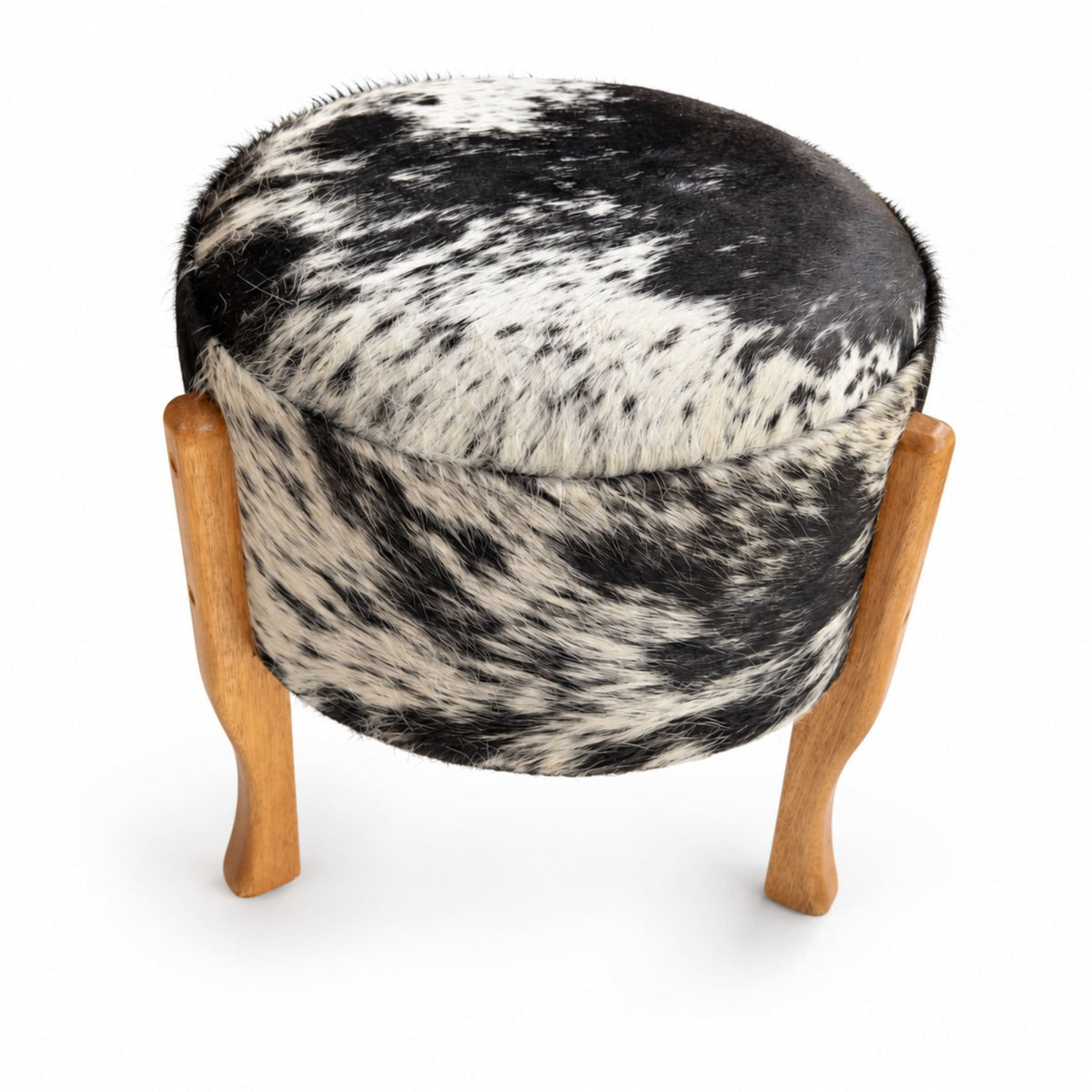 Cowhide Footstool | Tricolor, Black Speckled or Brown Speckled – Brazilian Hair-On, Eucalyptus Legs - Hides & Leathers - Footstool