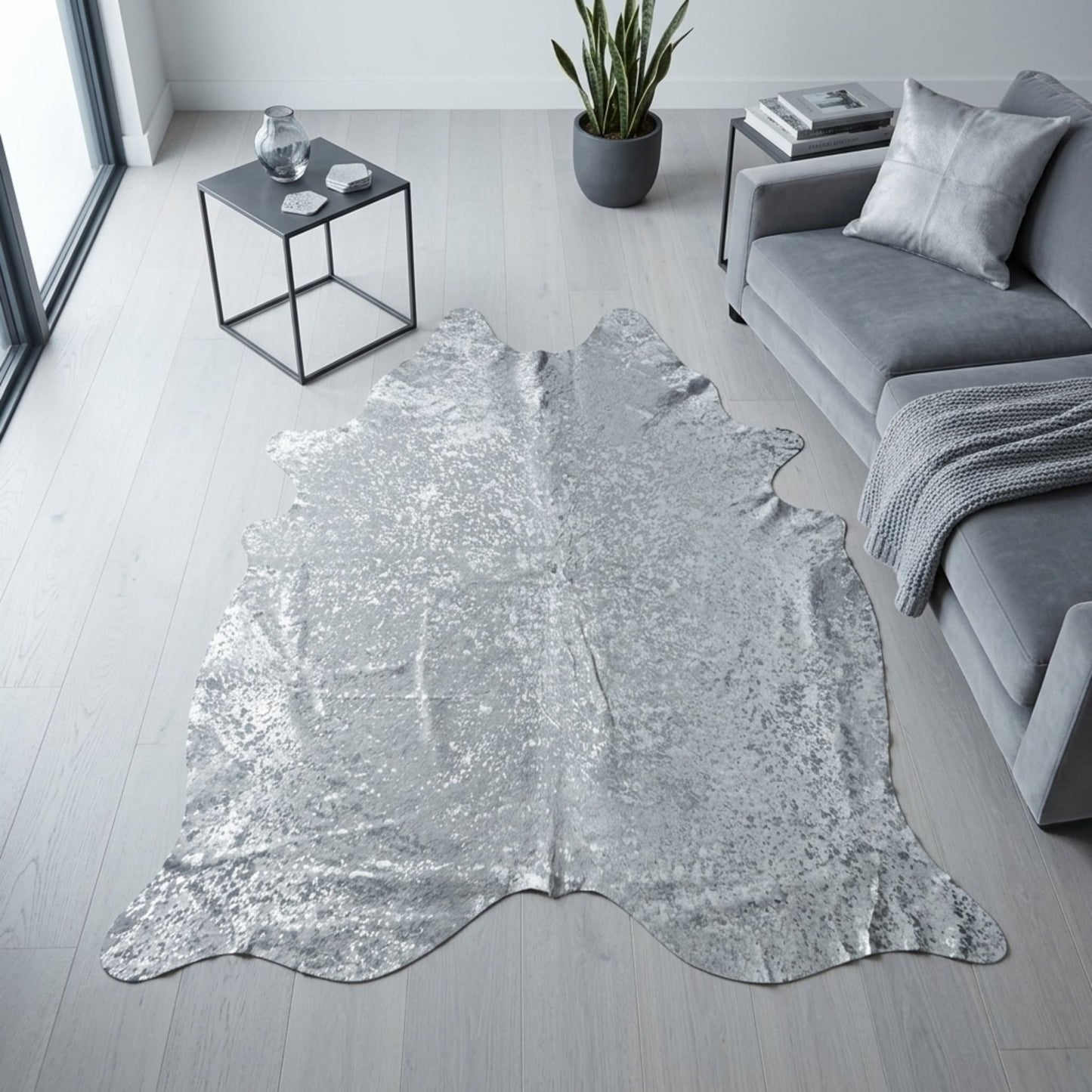 Cowhide Hair - On Rug | Colombian Metallic Silver Acid Wash Large 6x7ft - Hides & Leathers - Rug
