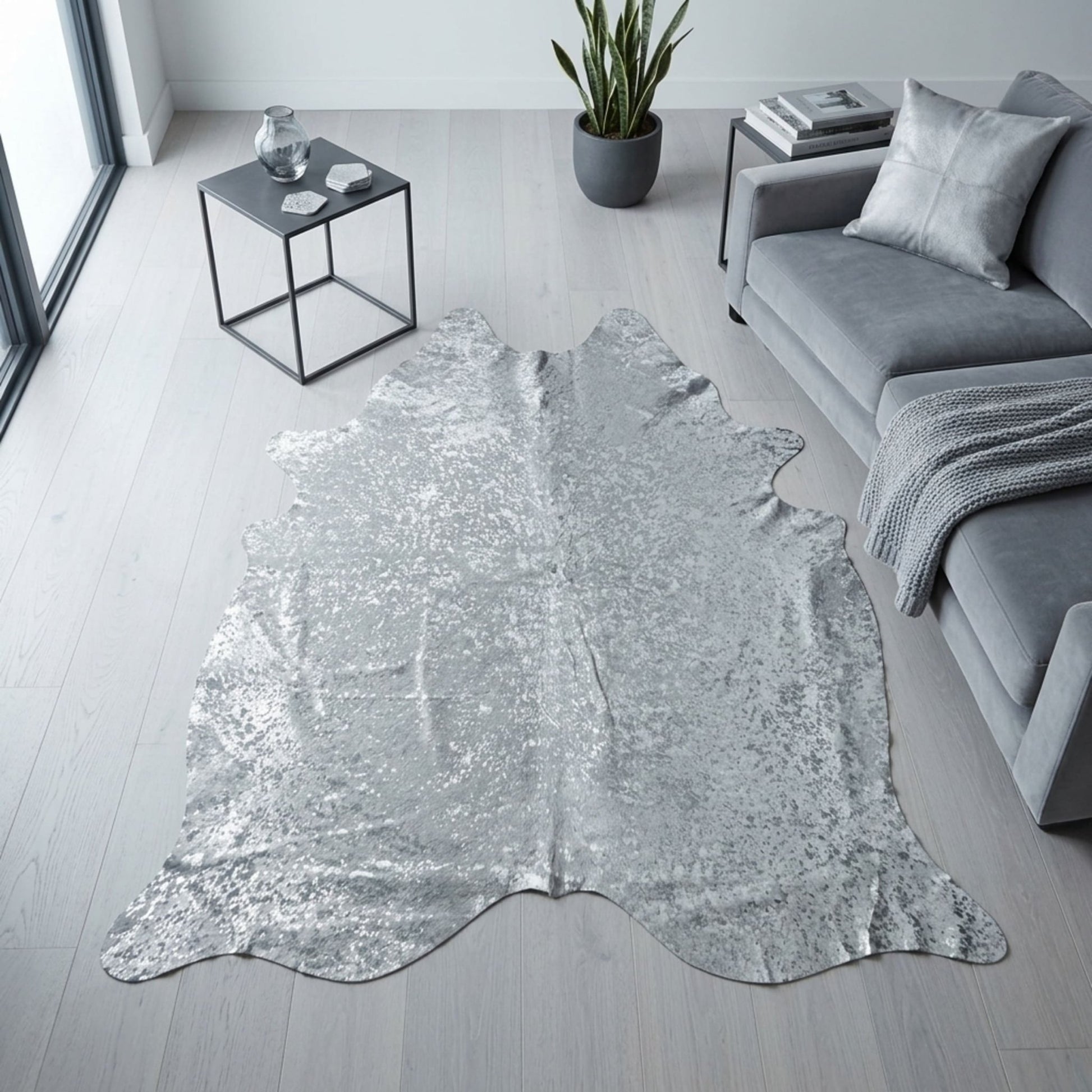 Cowhide Hair - On Rug | Colombian Metallic Silver Acid Wash Large 6x7ft - Hides & Leathers - Rug