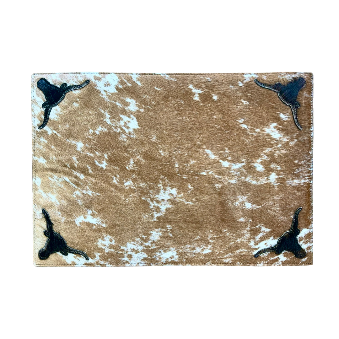 Handmade Cowhide Placemats and Coasters Bundle - Longhorn Dark on Brown