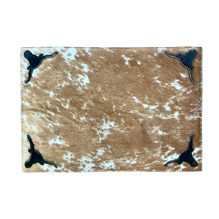 Handmade Cowhide Placemats and Coasters Bundle - Longhorn Dark on Brown