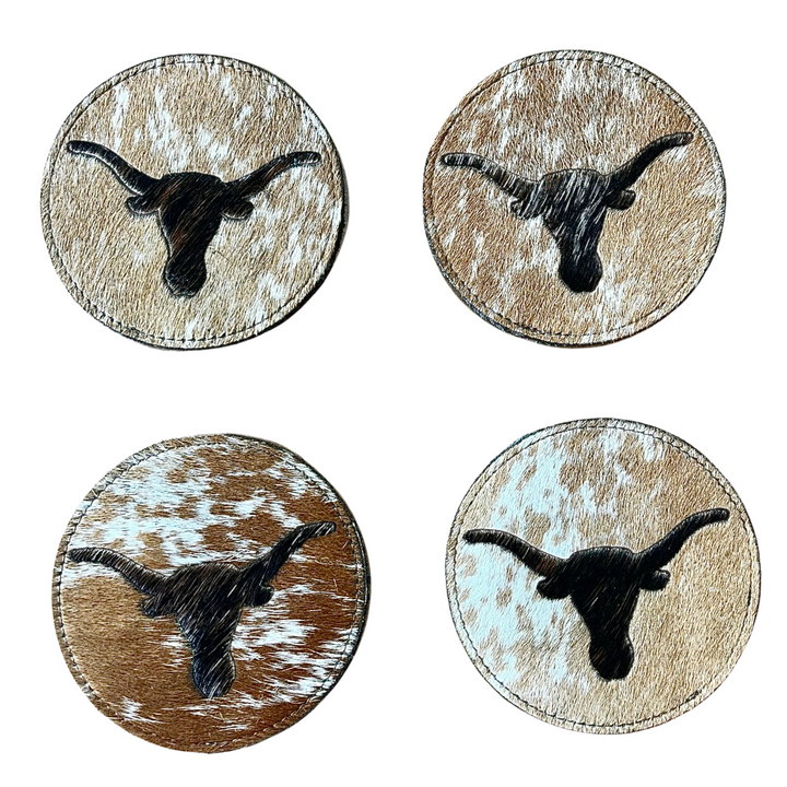 Handmade Cowhide Placemats and Coasters Bundle - Longhorn Dark on Brown