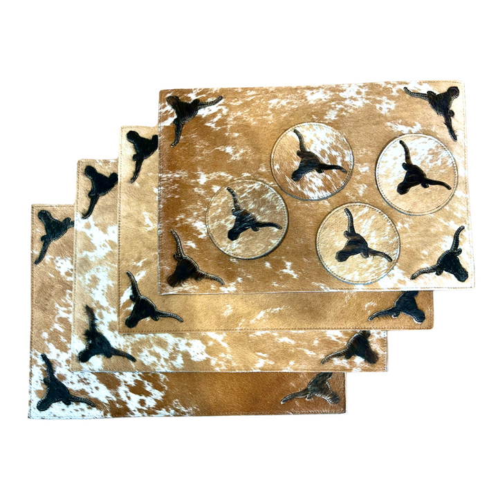 Handmade Cowhide Placemats and Coasters Bundle - Longhorn Dark on Brown