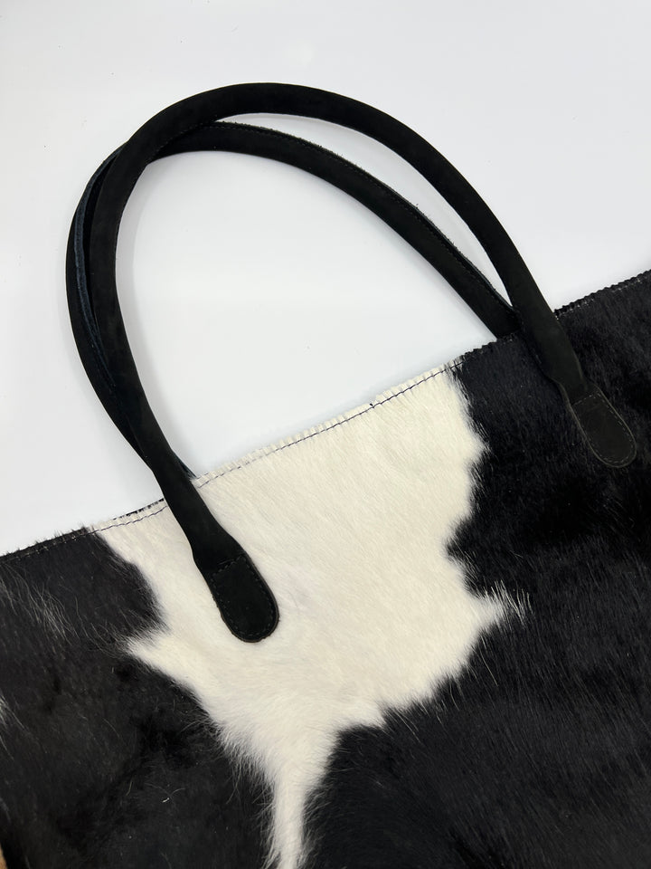 Cowhide Tote / Handbag - Black and White Patchwork