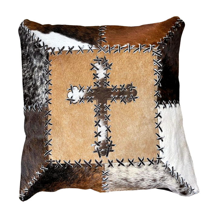 Cowhide Pillow - Patchwork Cross Dark Brindle