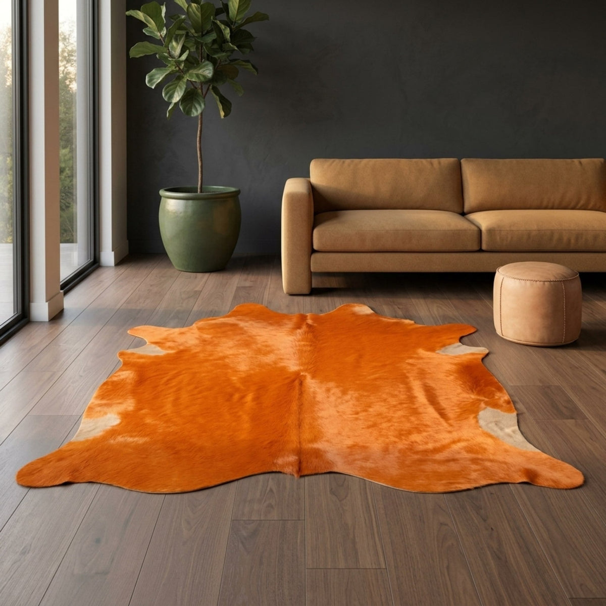 Cowhide Rug | Solid Orange Dyed Hair-On – Brazilian 7x6 Ft Statement - Hides & Leathers - Rug