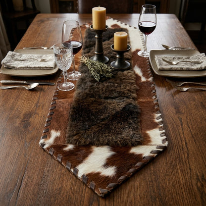 Cowhide Table Runner | Brown & White Hair-On – Single Hide 1' x 3' Natural Cut - Hides & Leathers - Table Runner