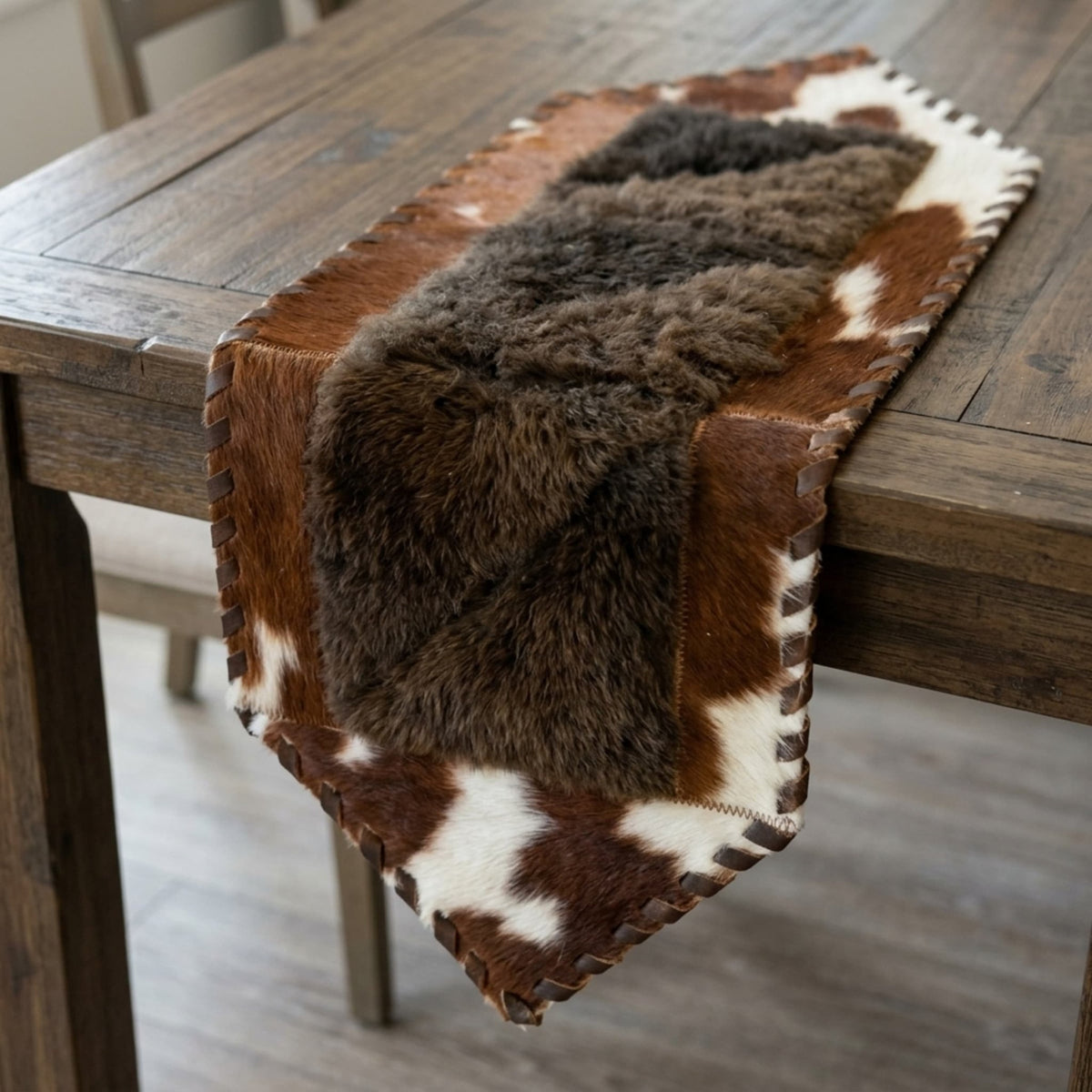 Cowhide Table Runner | Brown & White Hair-On – Single Hide 1' x 3' Natural Cut - Hides & Leathers - Table Runner