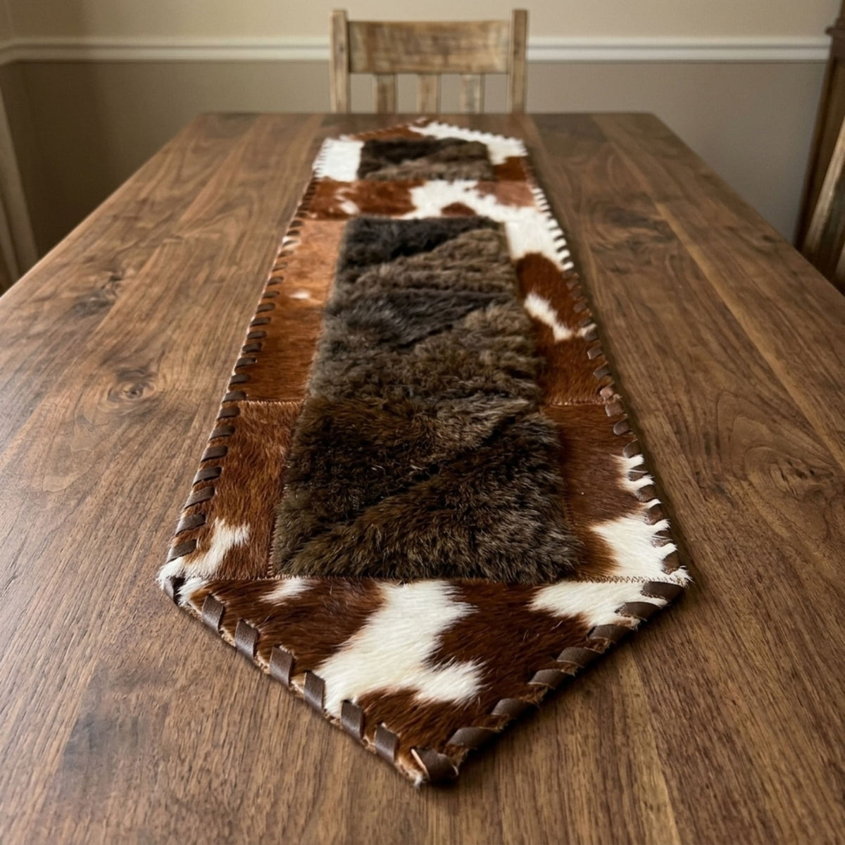 Cowhide Table Runner | Brown & White Hair-On – Single Hide 1' x 3' Natural Cut - Hides & Leathers - Table Runner