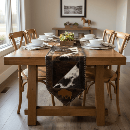 Cowhide Table Runner with Leather Lace - Tricolor | 1'x6' - Hides & Leathers - Cowhide Rugs