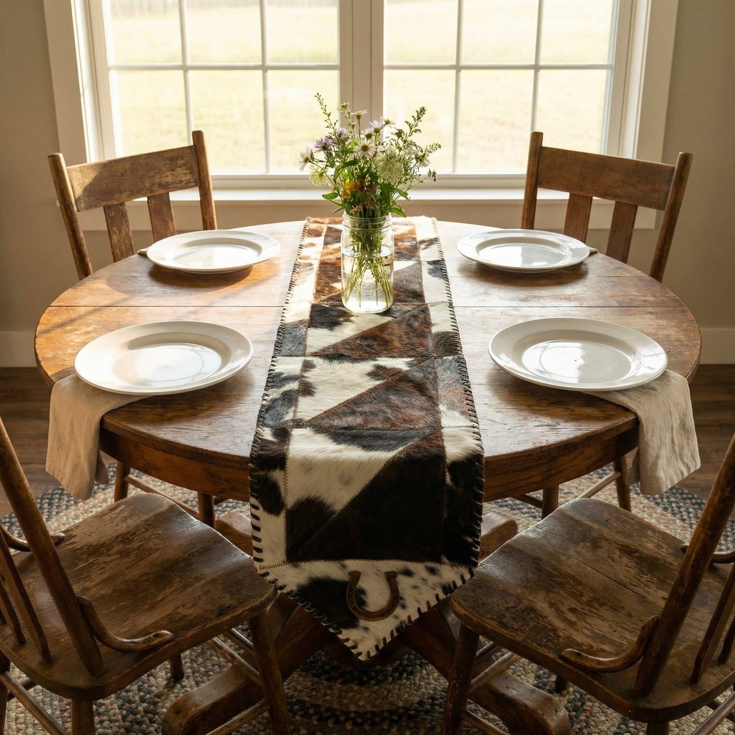 Cowhide Table Runner with Leather Lace - Tricolor Horseshoe | 1'x4' - Hides & Leathers - Cowhide Rugs