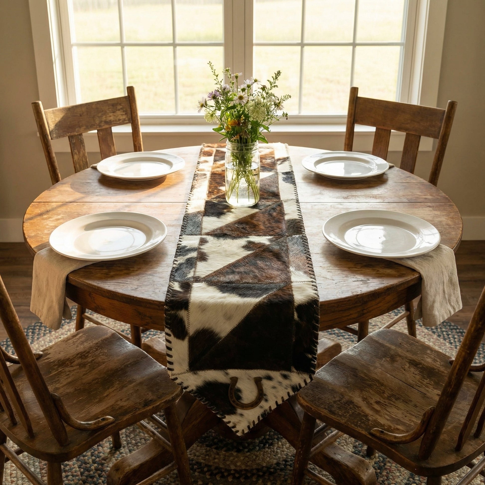 Cowhide Table Runner with Leather Lace - Tricolor Horseshoe | 1'x4' - Hides & Leathers - Cowhide Rugs