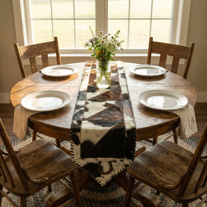 Cowhide Table Runner with Leather Lace - Tricolor Horseshoe | 1'x4' - Hides & Leathers - Cowhide Rugs