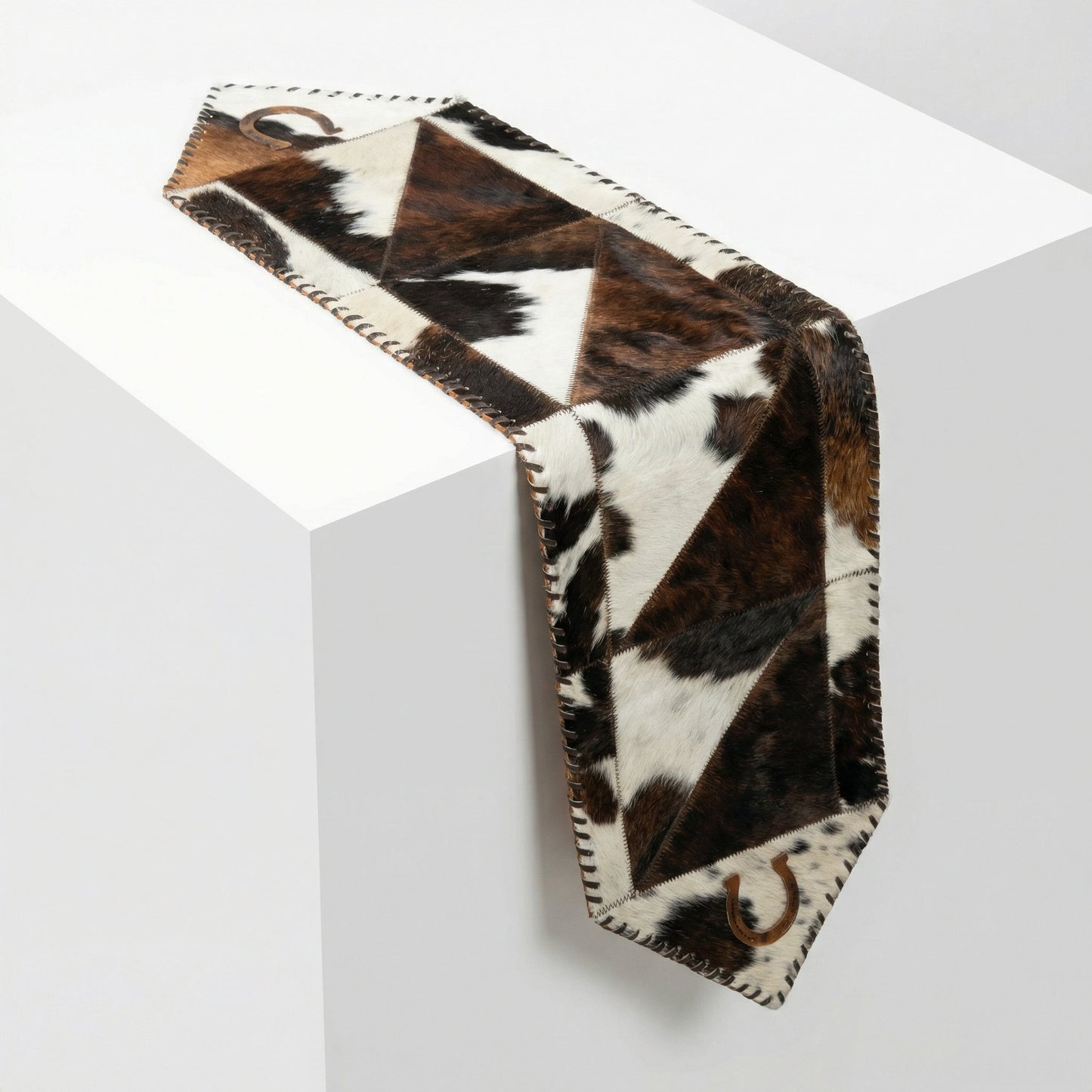 Cowhide Table Runner with Leather Lace - Tricolor Horseshoe | 1'x4' - Hides & Leathers - Cowhide Rugs