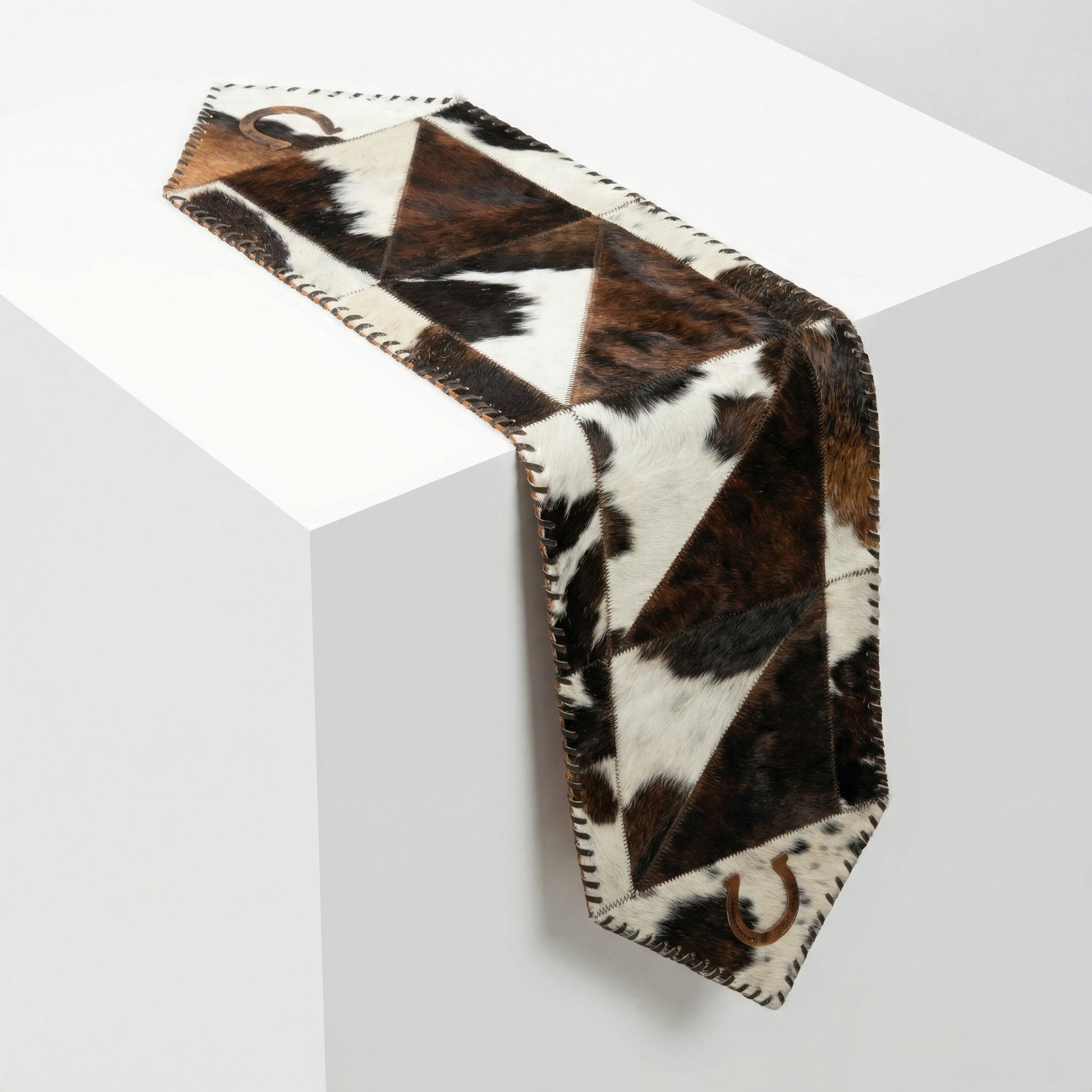 Cowhide Table Runner with Leather Lace - Tricolor Horseshoe | 1'x4' - Hides & Leathers - Cowhide Rugs