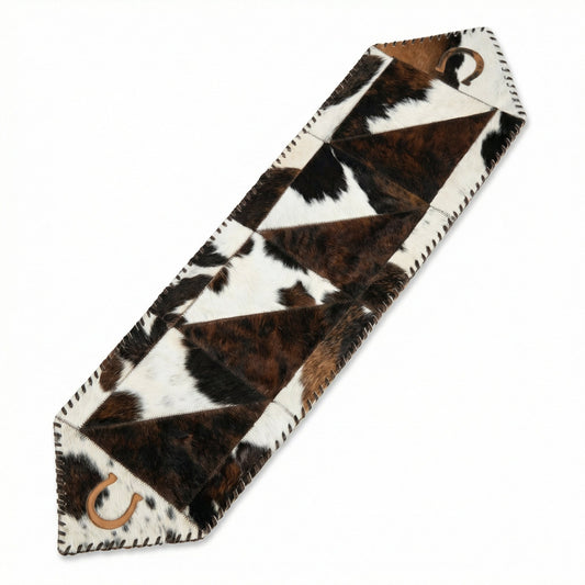 Cowhide Table Runner with Leather Lace - Tricolor Horseshoe | 1'x4' - Hides & Leathers - Cowhide Rugs