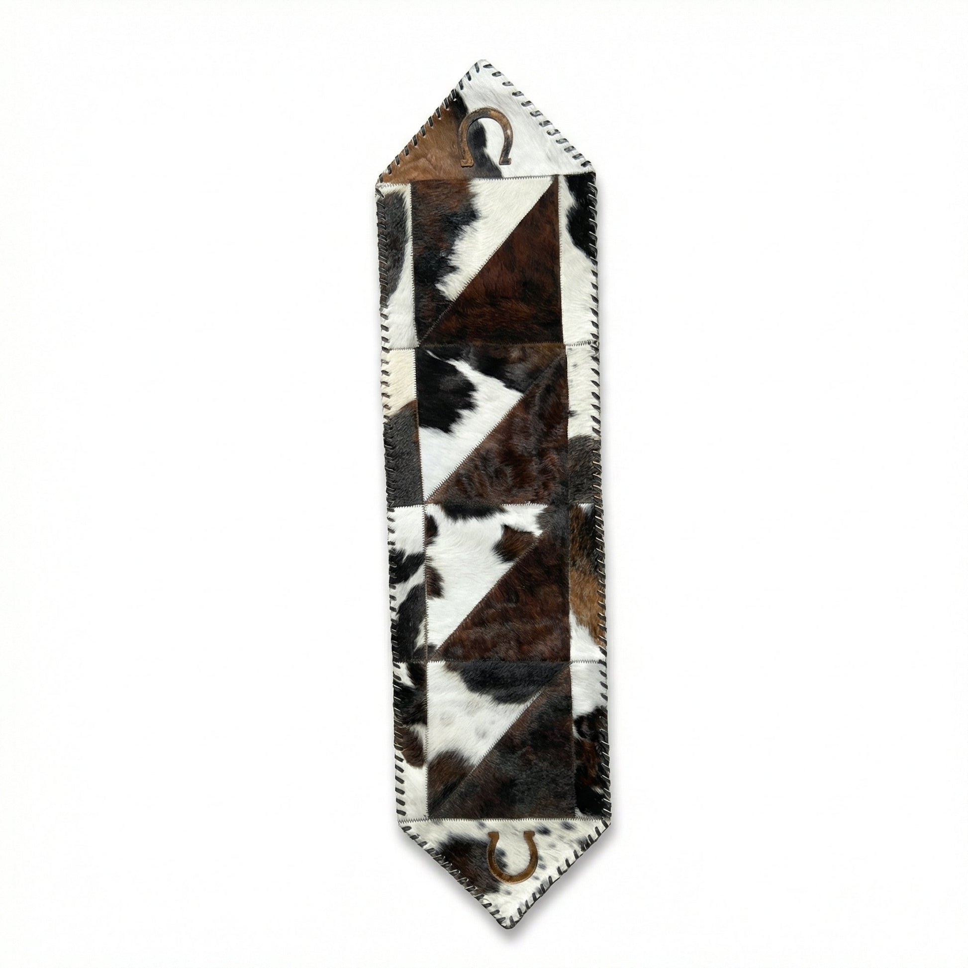 Cowhide Table Runner with Leather Lace - Tricolor Horseshoe | 1'x4' - Hides & Leathers - Cowhide Rugs