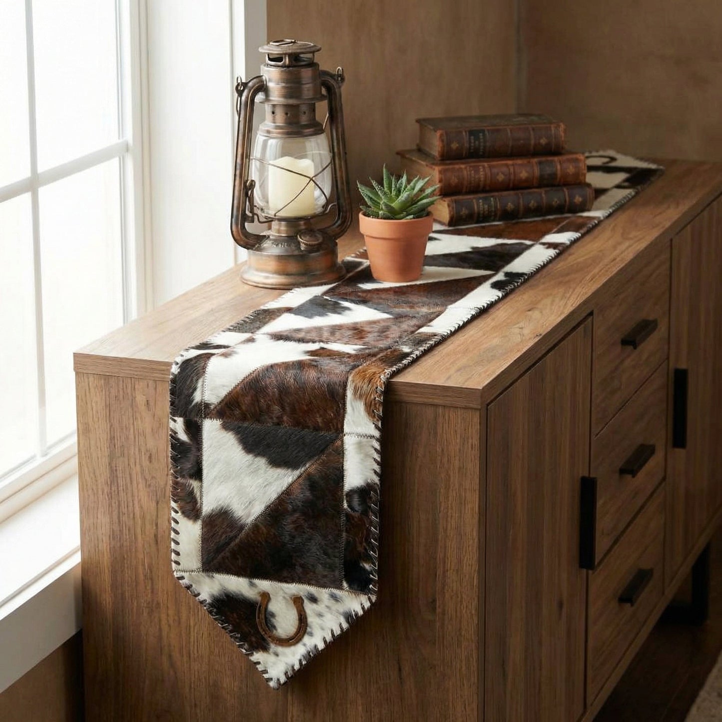 Cowhide Table Runner with Leather Lace - Tricolor Horseshoe | 1'x4' - Hides & Leathers - Cowhide Rugs