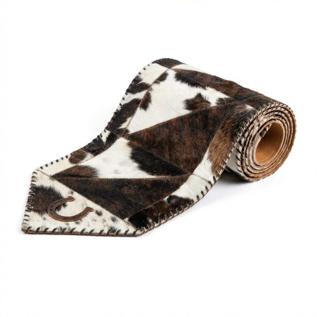 Cowhide Table Runner with Leather Lace - Tricolor Horseshoe | 1'x4' - Hides & Leathers - Cowhide Rugs