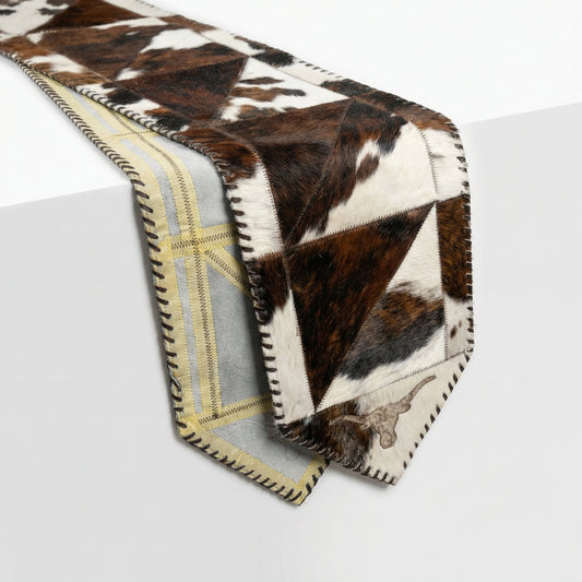 Cowhide Table Runner with Leather Lace - Tricolor Longhorn | 1'x6' - Hides & Leathers - Table Runner
