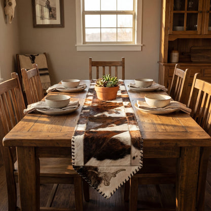 Cowhide Table Runner with Leather Lace - Tricolor Longhorn | 1'x6' - Hides & Leathers - Table Runner