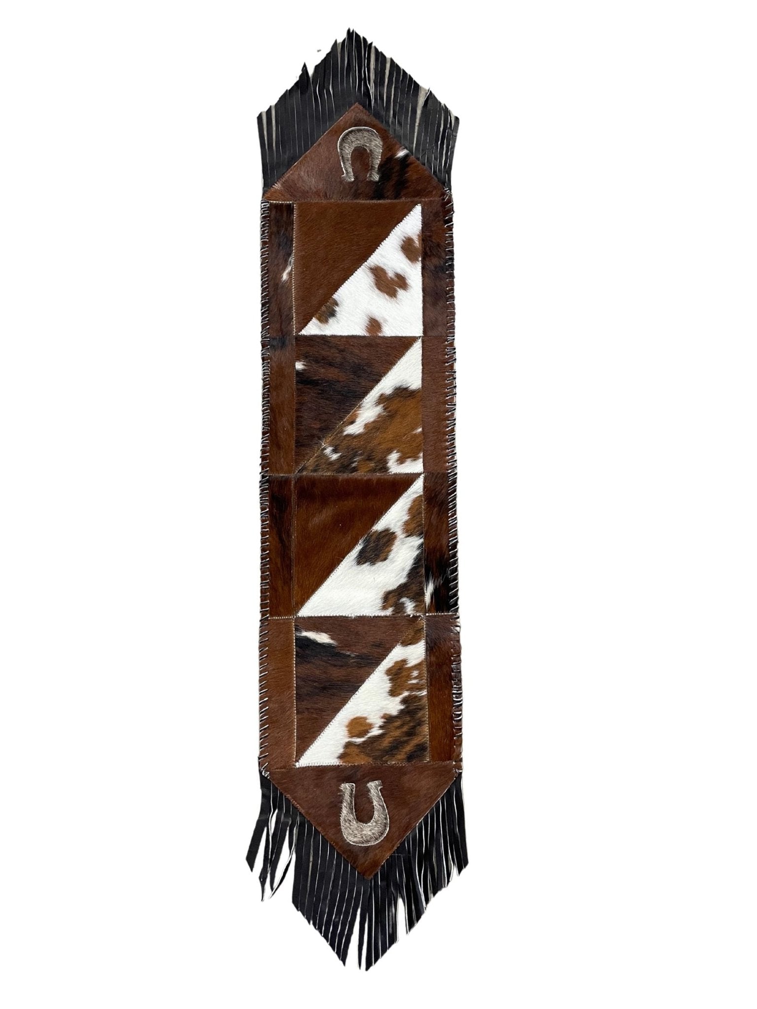 Cowhide Table Runners with Leather Fringe - Tricolor Horseshoe - Hides & Leathers - Cowhide Rugs