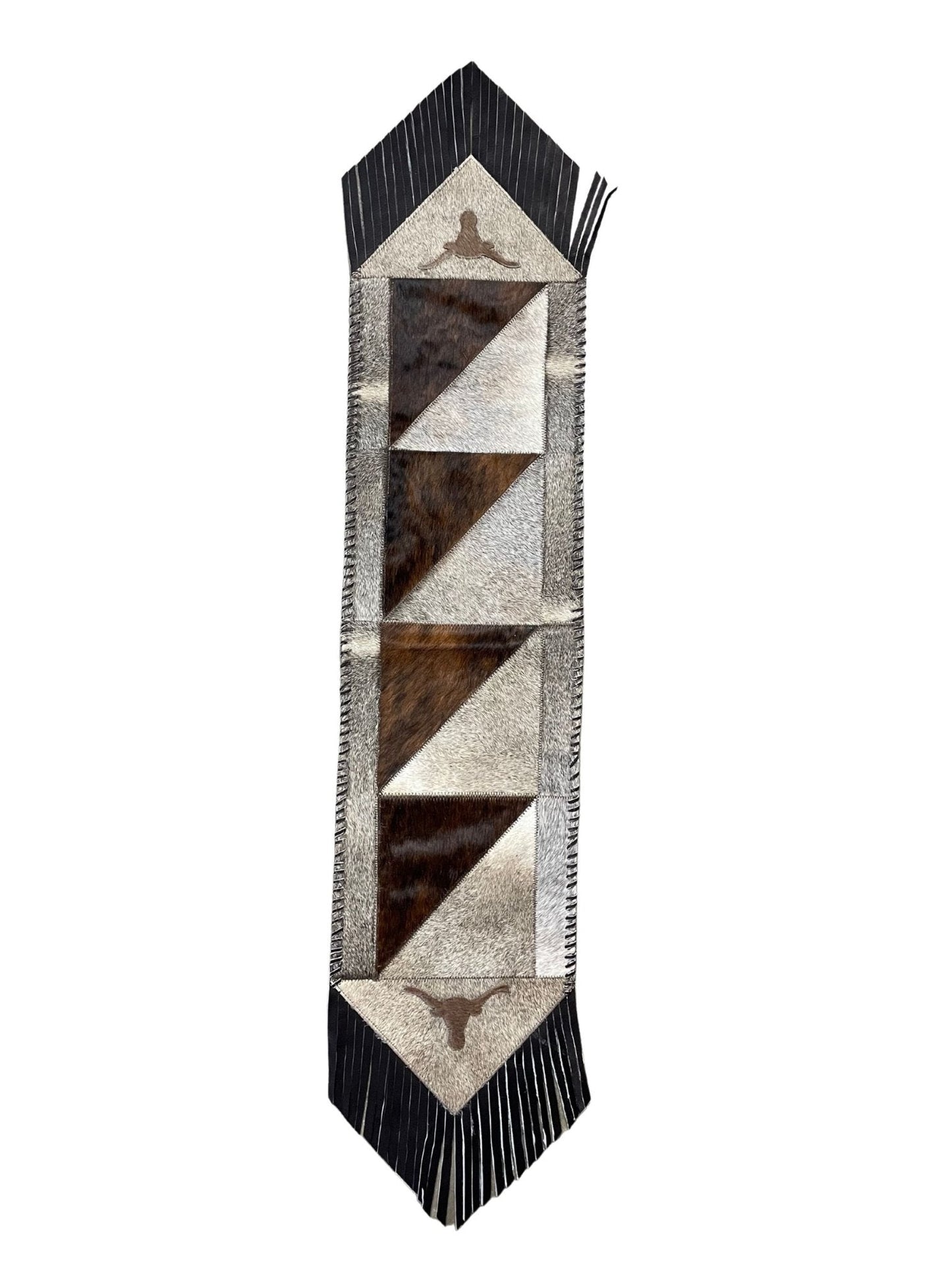 Cowhide Table Runners with Leather Fringe - Tricolor Longhorns - Hides & Leathers - Cowhide Rugs