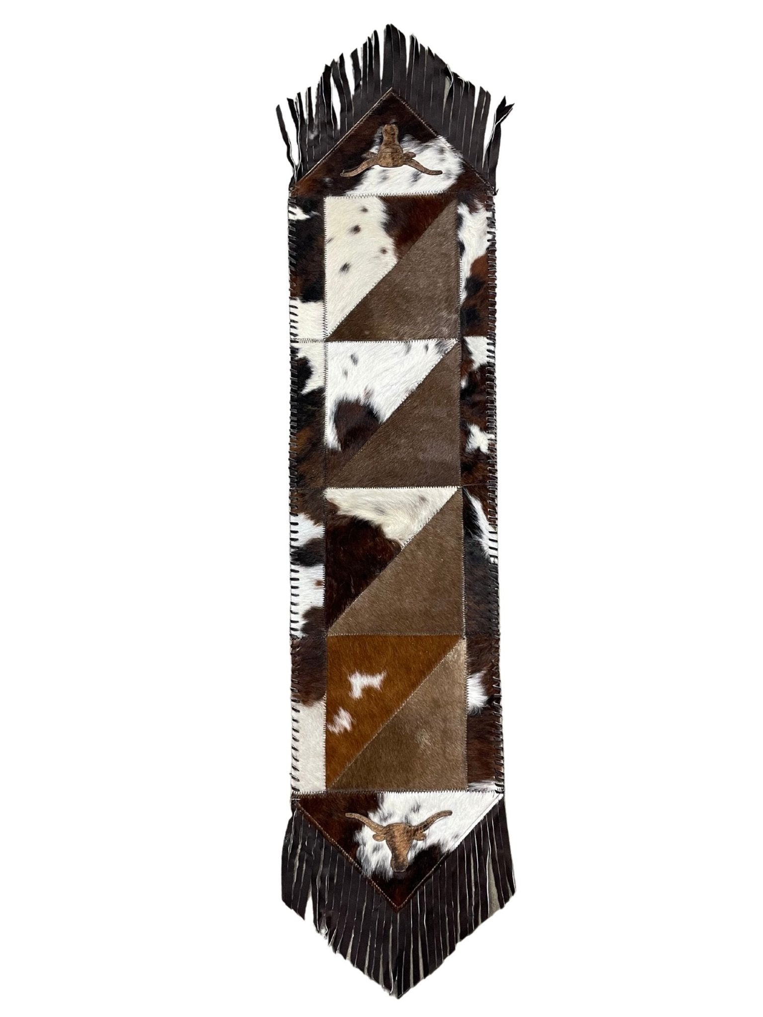 Cowhide Table Runners with Leather Fringe - Tricolor Longhorns - Hides & Leathers - Cowhide Rugs