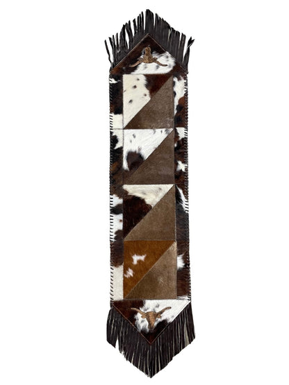 Cowhide Table Runners with Leather Fringe - Tricolor Longhorns - Hides & Leathers - Cowhide Rugs